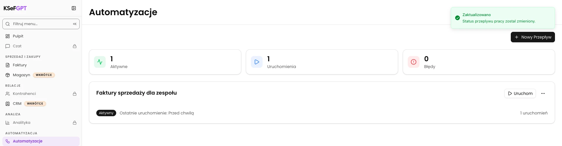 KSeFGPT: Aktywuj przepływ na liście automatyzacji.