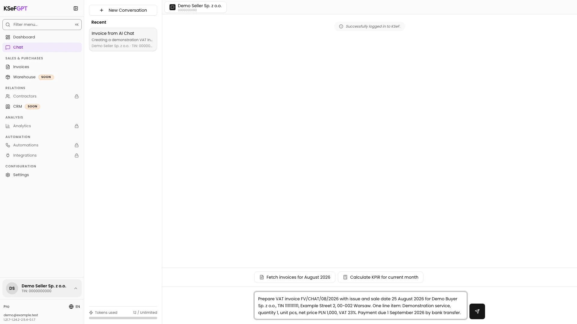 Active Chat conversation containing a complete description of a demonstration VAT invoice