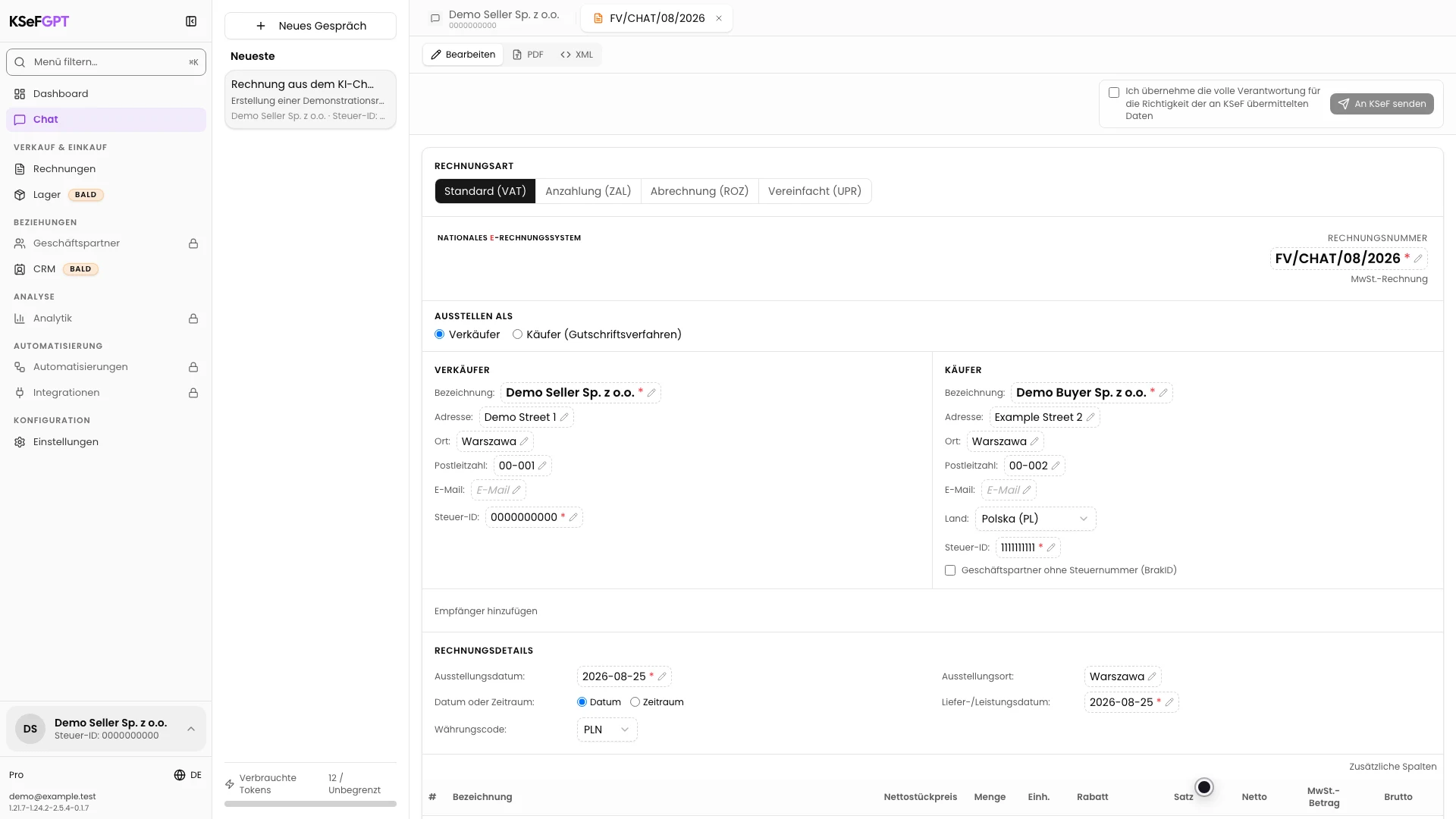 Bearbeitbare Vorschau einer im KI-Chat erstellten Rechnung mit Verkäufer, Käufer und Datumsangaben