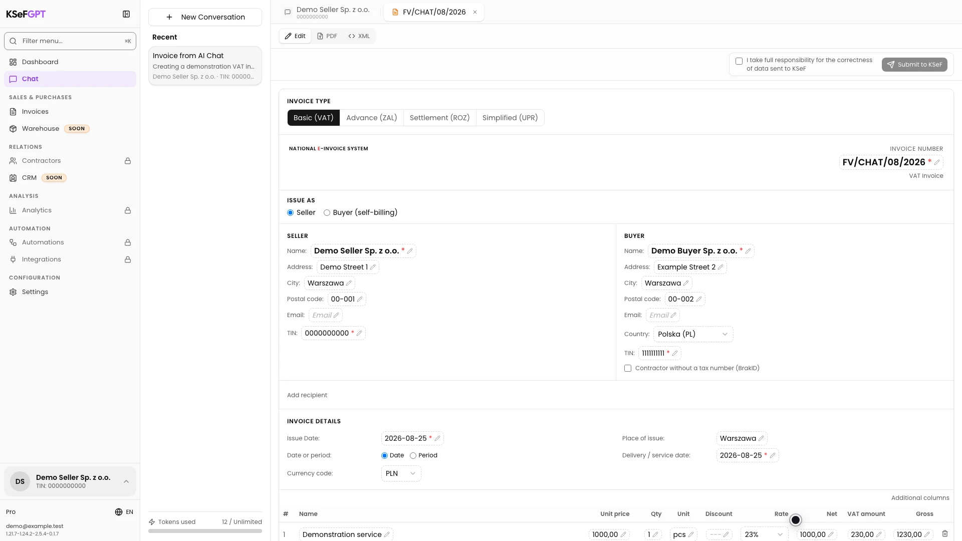 Editable preview of an AI Chat invoice showing seller, buyer, and date details