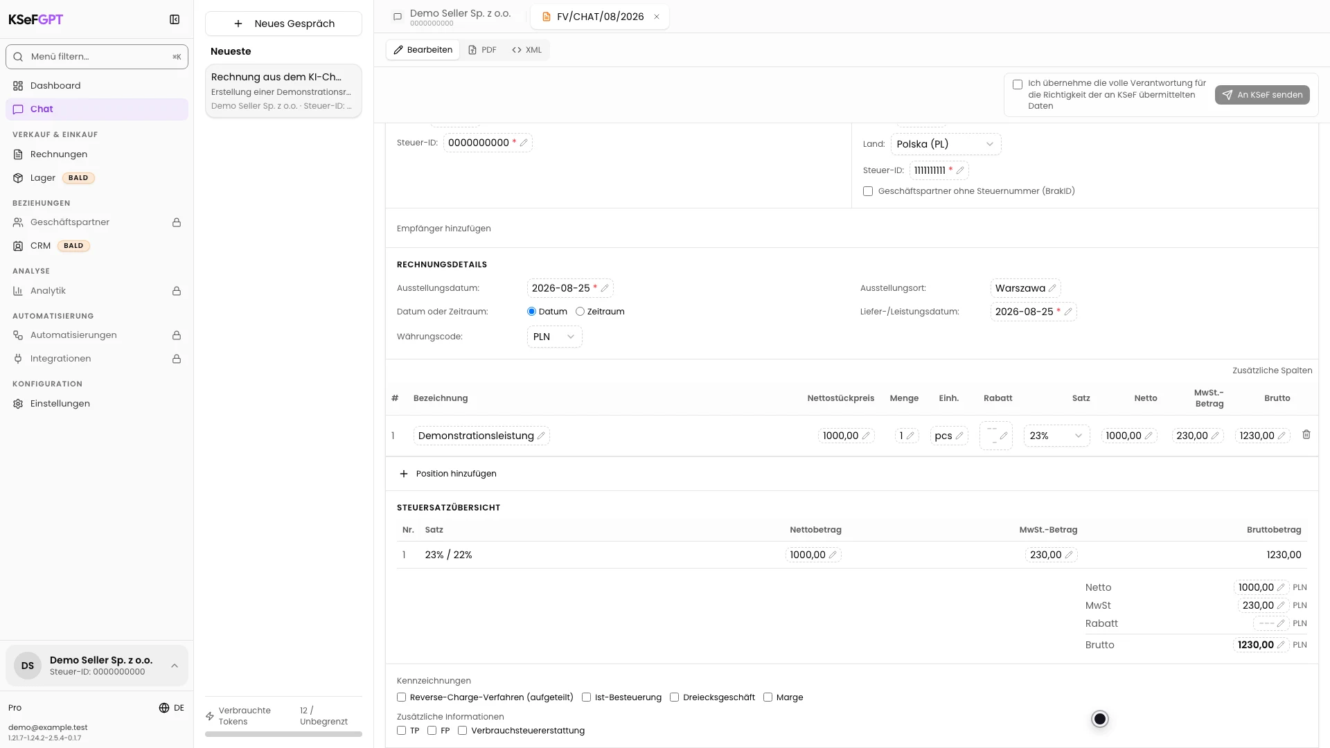 Position der Demonstrationsrechnung und Zusammenfassung von Netto, MwSt. und Brutto im KI-Chat