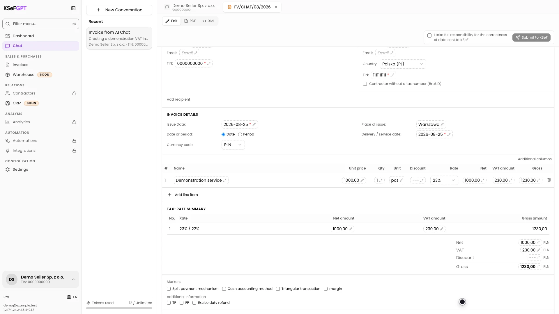 Demonstration invoice line item and net, VAT, and gross amount summary in AI Chat
