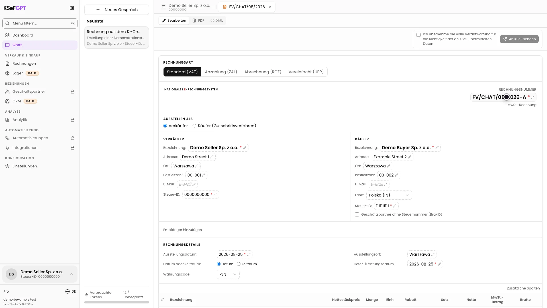 Rechnungsvorschau mit der korrigierten Nummer FV/CHAT/08/2026-A und bearbeitbaren Feldern