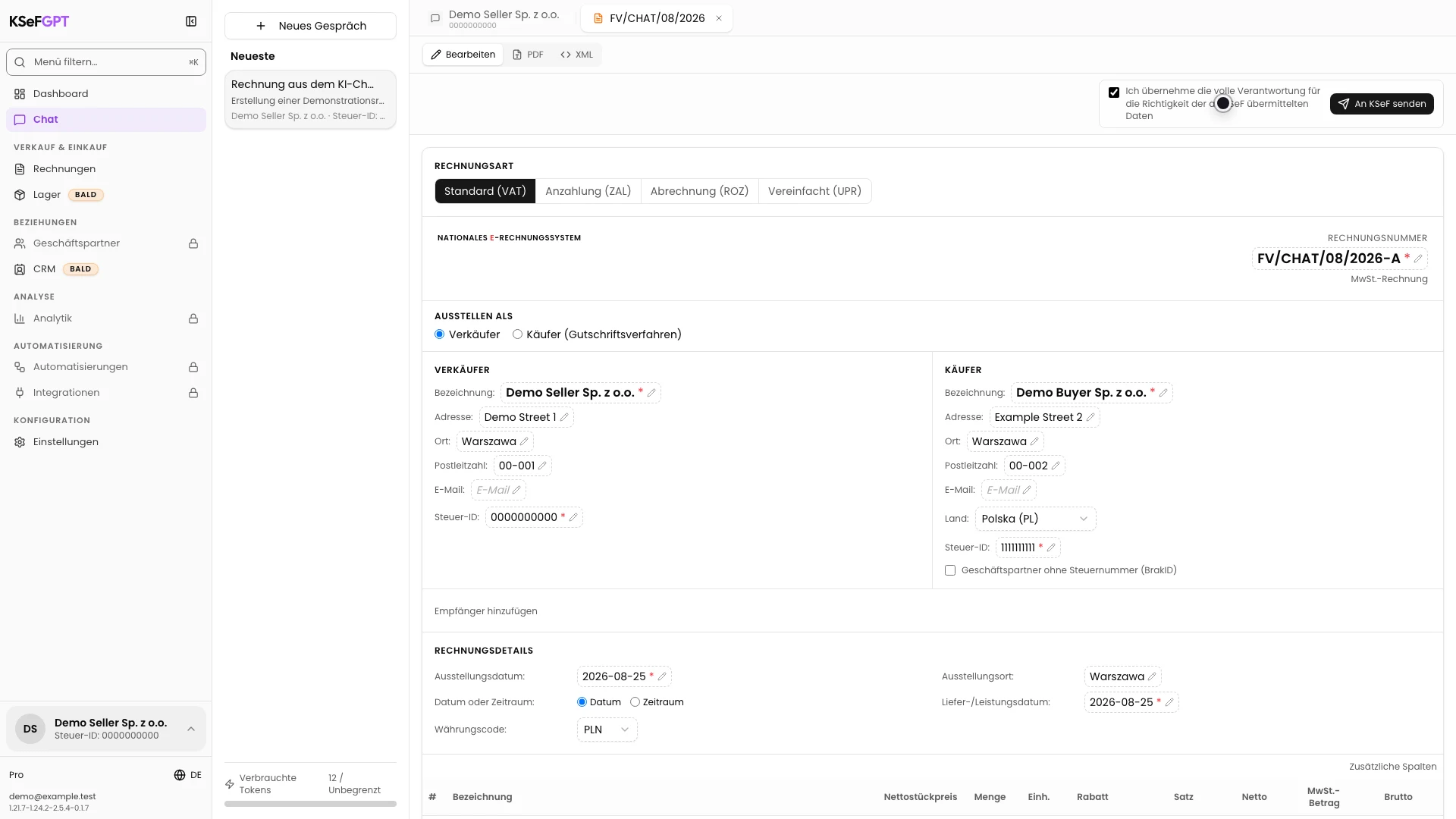 Aktivierte Verantwortungsbestätigung und verfügbare Schaltfläche An KSeF senden