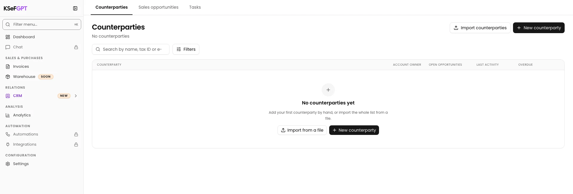 Step 1. Open Counterparties in CRM. Expand CRM in the menu and select Counterparties.