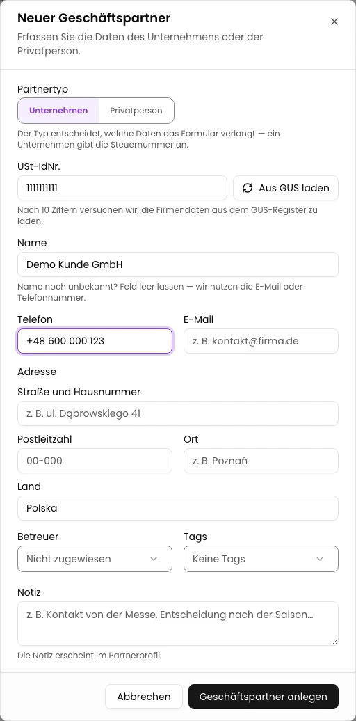 Schritt 2. Firmendaten eingeben. Wählen Sie Neuer Geschäftspartner. Geben Sie Firmenname und Steuer-ID ein.