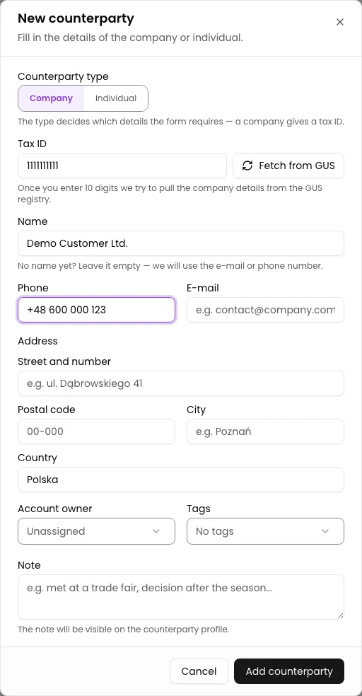 Step 2. Enter company details. Select New counterparty. Enter the company name and tax ID.
