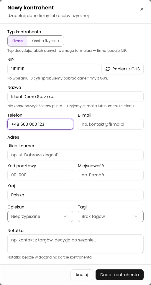 Krok 2. Wpisz dane firmy. Kliknij Nowy kontrahent. Wpisz nazwę i NIP firmy.