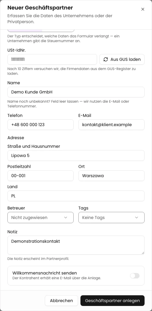 Schritt 3. Kontakt und Adresse ergänzen. Prüfen Sie Betreuer und Notiz. Entscheiden Sie über die Begrüßungsnachricht.