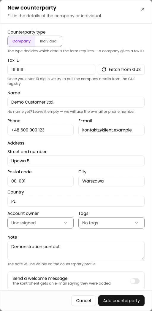 Step 3. Add contact and address details. Check the owner and note. Decide whether to send a welcome email.
