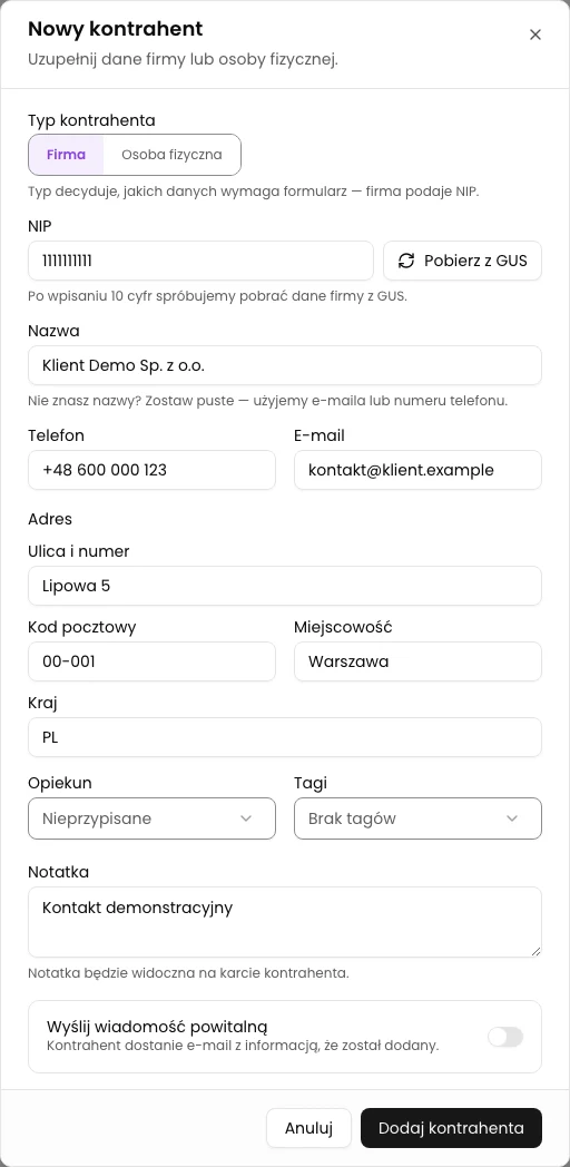 Krok 3. Uzupełnij kontakt i adres. Sprawdź opiekuna i notatkę. Zdecyduj o wiadomości powitalnej.