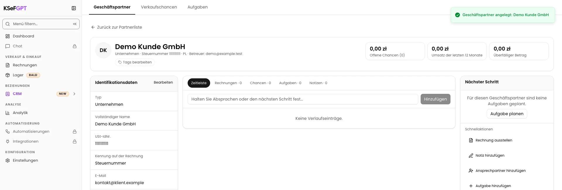 Schritt 4. Geschäftspartner anlegen und Karte öffnen. Fügen Sie den Geschäftspartner hinzu. Öffnen Sie die neue Karte und prüfen Sie die Daten.