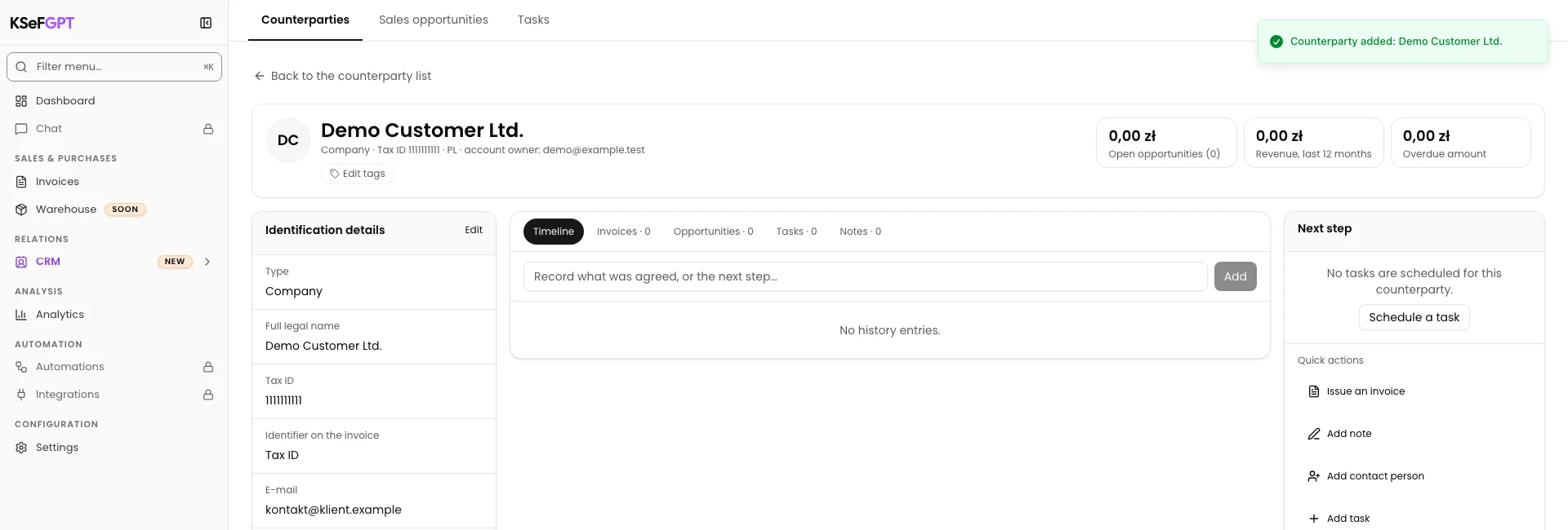 Step 4. Add the counterparty and open its profile. Select Add counterparty. Open the new record and verify its details.