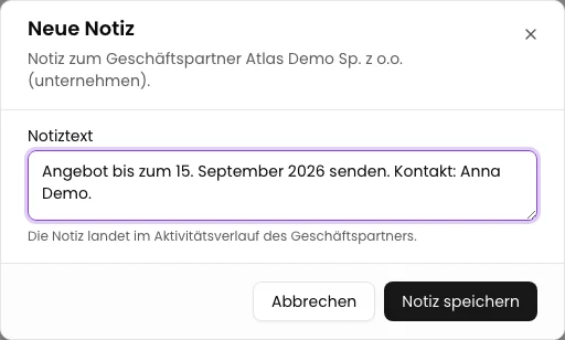 Notiz eingeben: Notiz zum Geschäftspartner hinzufügen