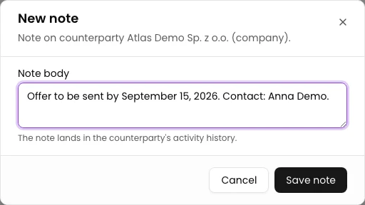 Enter the note: Add a note to a counterparty in CRM