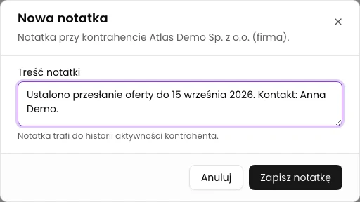 Wpisz treść notatki: Dodaj notatkę do kontrahenta w CRM