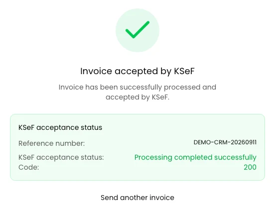 Invoice accepted by KSeF, status code 200 and the submission reference number