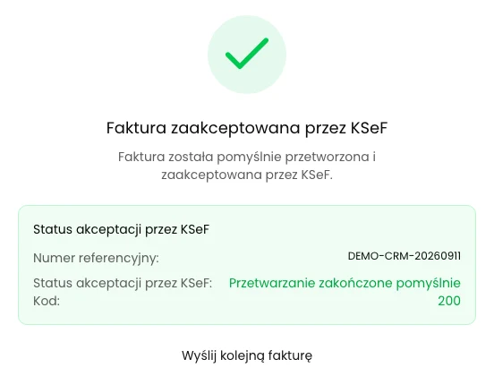 Komunikat Faktura zaakceptowana przez KSeF, kod 200 i numer referencyjny wysyłki