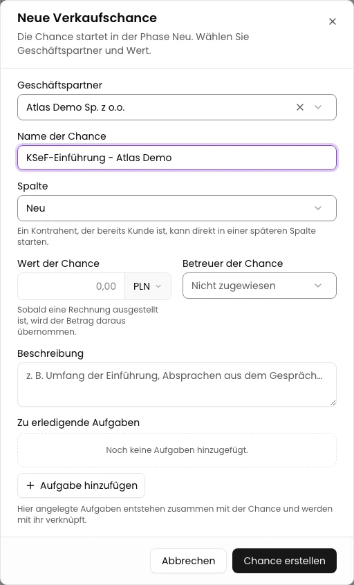 Partner und Namen wählen: Verkaufschance im CRM anlegen