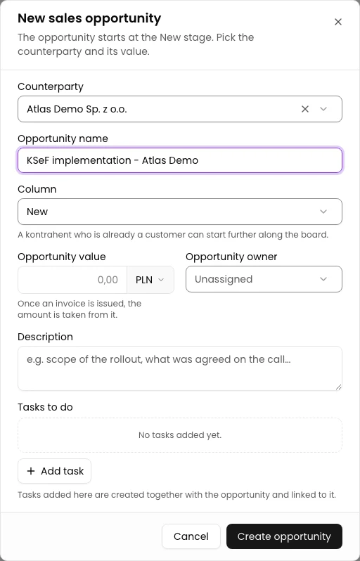 Choose the counterparty and name: Create a sales opportunity in CRM
