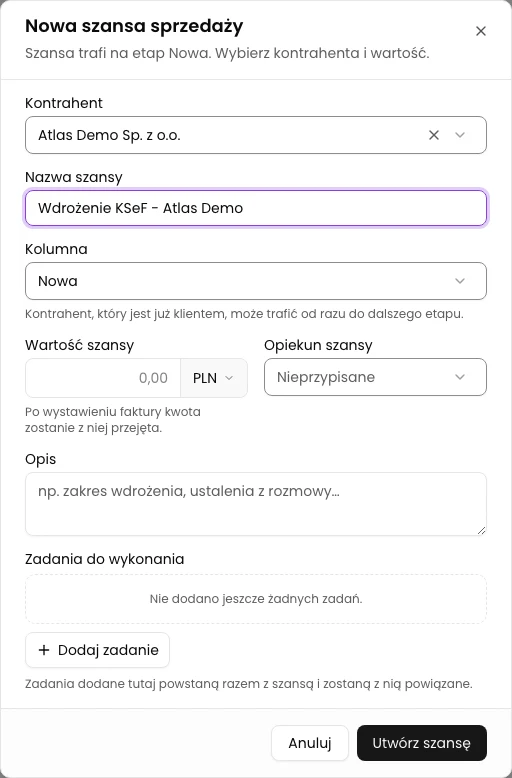 Wybierz kontrahenta i nazwij szansę: Utwórz szansę sprzedaży w CRM