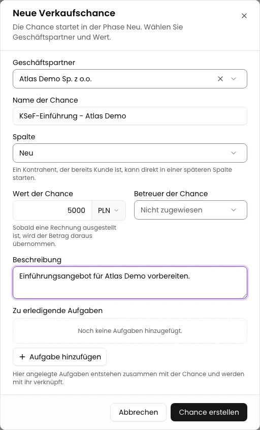 Wert und Beschreibung eintragen: Verkaufschance im CRM anlegen