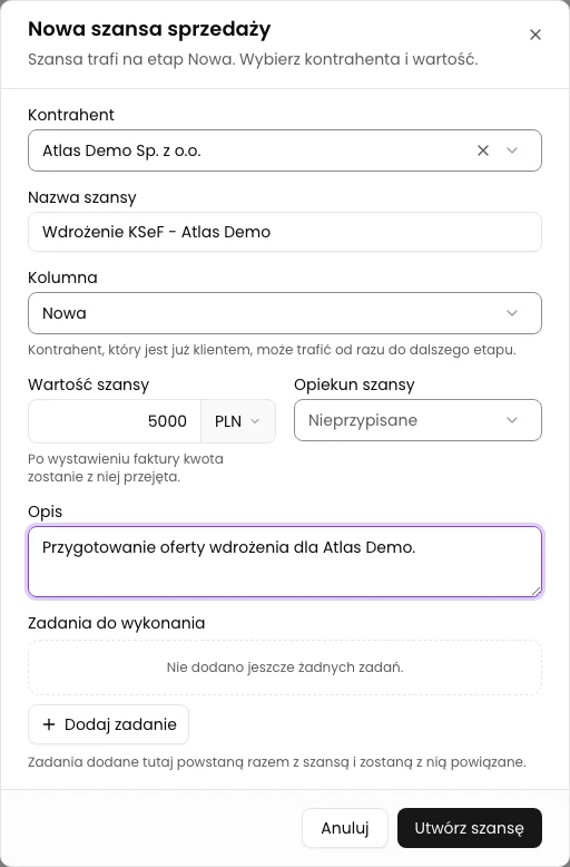 Ustaw wartość i opis: Utwórz szansę sprzedaży w CRM