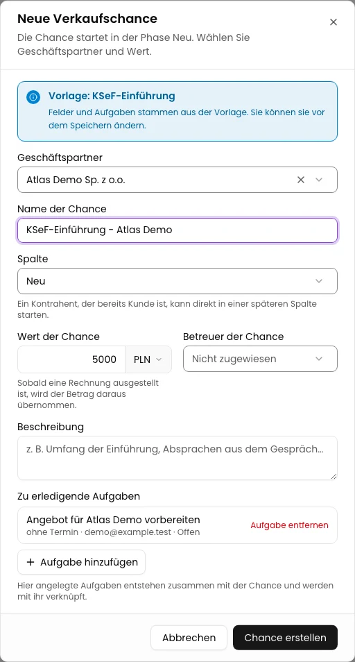 Partner auswählen und Formular prüfen: KSeF-Einführung - Atlas Demo