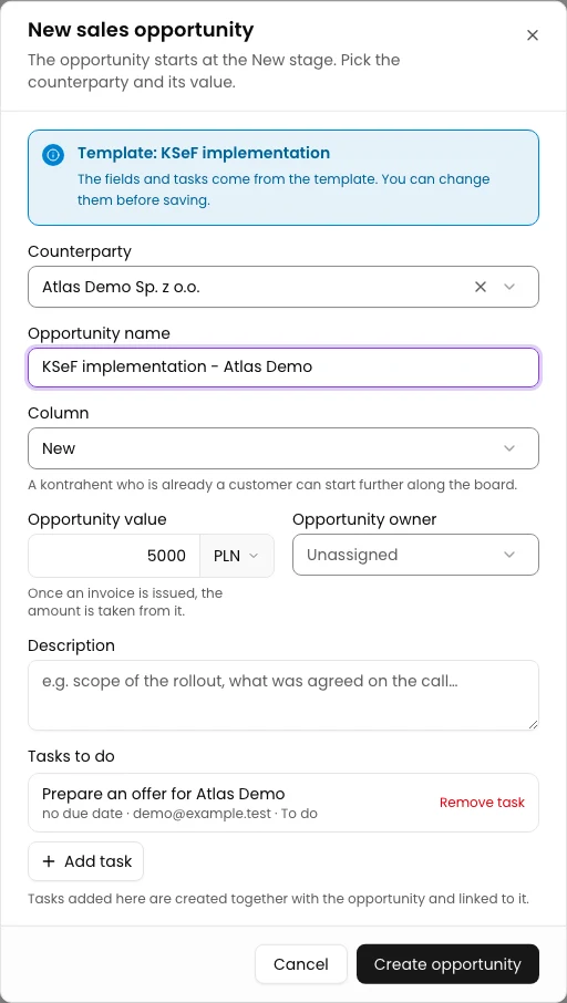Choose a counterparty and check the form: KSeF implementation - Atlas Demo