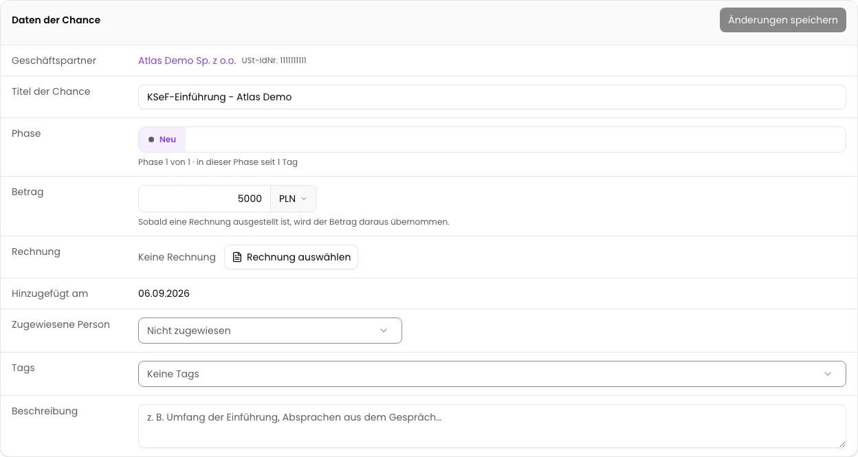 Chance erstellen und Aufgabe prüfen: KSeF-Einführung - Atlas Demo