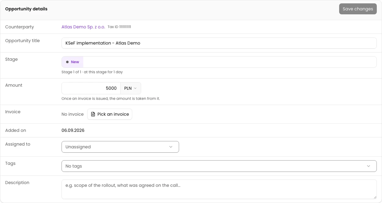 Create the opportunity and verify its task: KSeF implementation - Atlas Demo