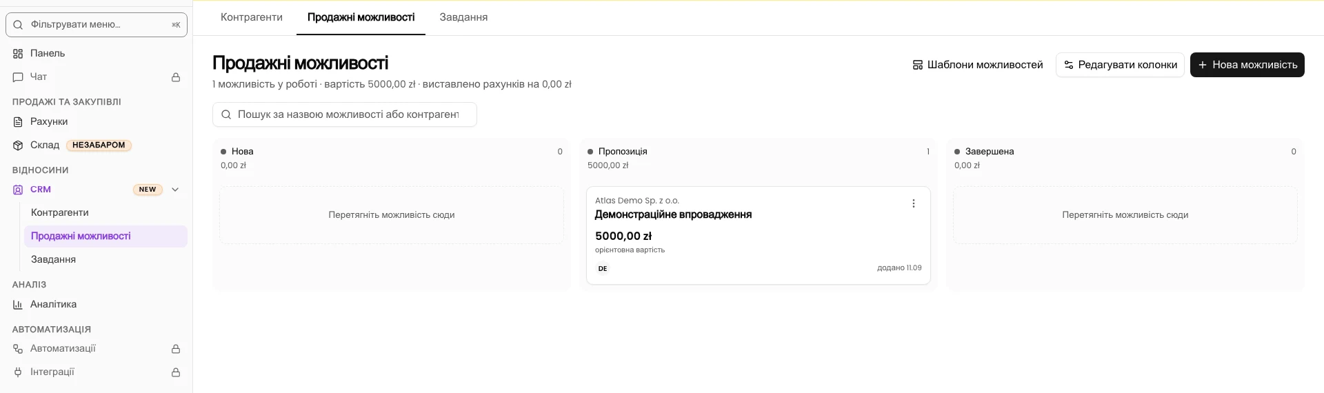 Дошка можливостей продажу з трьома етапами та кнопкою Редагувати колонки.