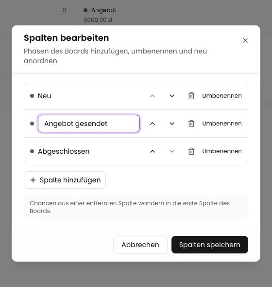 Fenster Spalten bearbeiten beim Umbenennen von Angebot in Angebot gesendet.