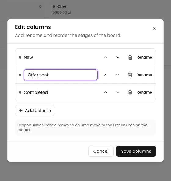 Edit columns window while renaming Offer to Offer sent.