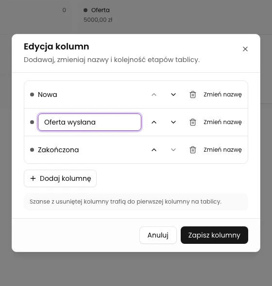 Okno Edycja kolumn podczas zmiany nazwy Oferta na Oferta wysłana.