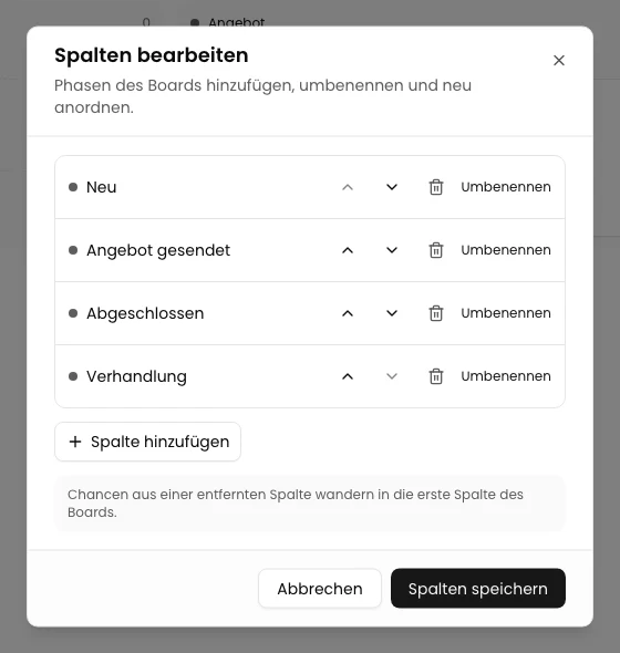 Neu hinzugefügte Phase Verhandlung am Ende der Liste in Spalten bearbeiten.