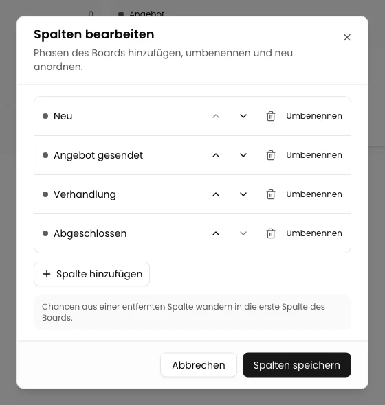 Neue Reihenfolge vor dem Speichern: Neu, Angebot gesendet, Verhandlung, Abgeschlossen.