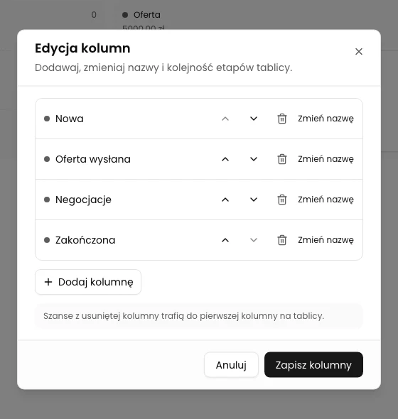 Nowa kolejność: Nowa, Oferta wysłana, Negocjacje, Zakończona przed zapisaniem.