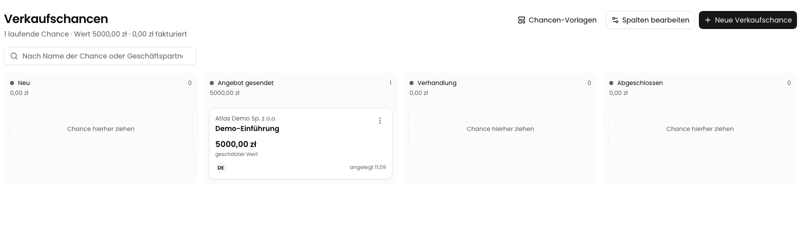 Board nach dem Neuladen mit neuen Phasennamen und der Chance in Angebot gesendet.