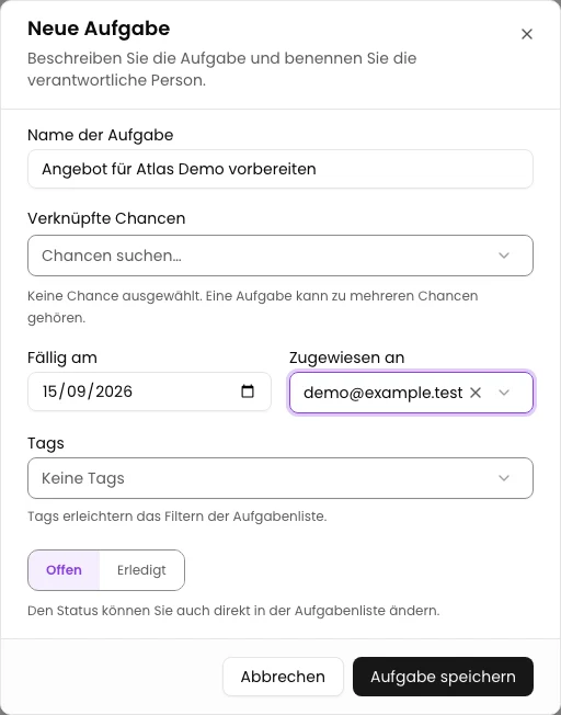 Name und Termin eintragen: Aufgabe mit Termin im CRM hinzufügen