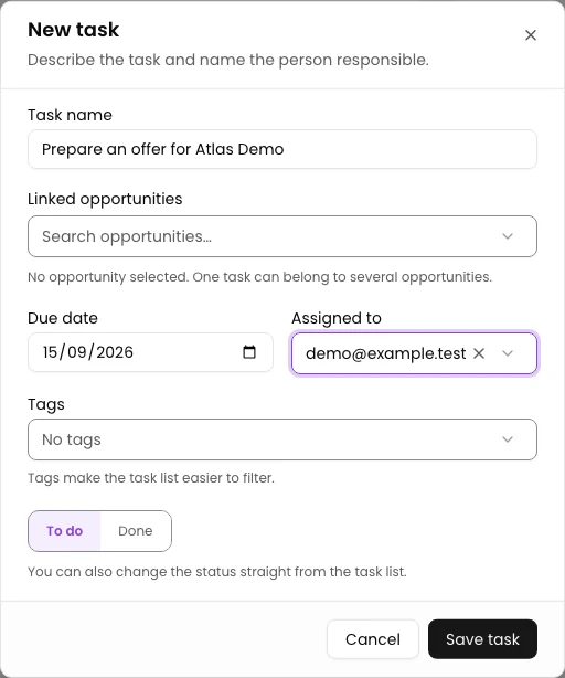 Enter a name and due date: Add a task with a due date in CRM