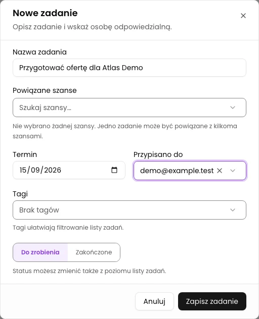 Wpisz nazwę i ustal termin: Dodaj zadanie z terminem w CRM