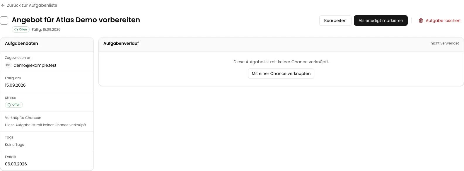 Aufgabenkarte öffnen: Angebot für Atlas Demo vorbereiten