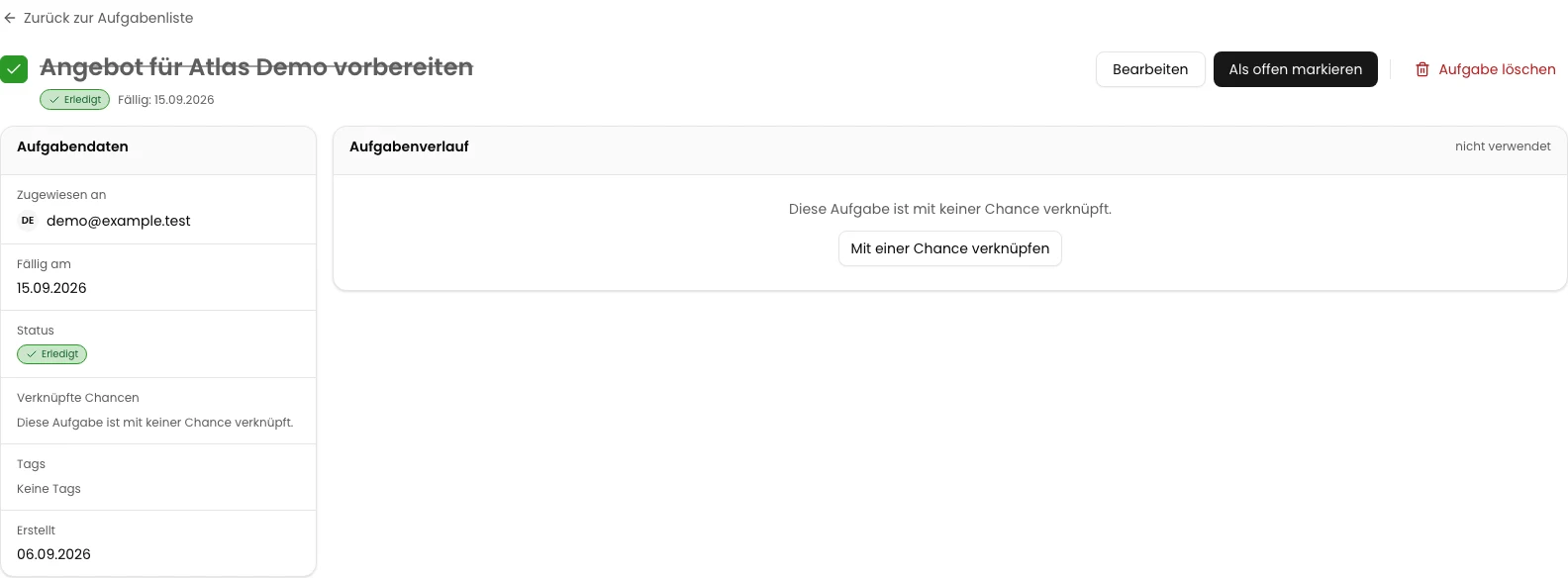 Aufgabe als erledigt markieren: Angebot für Atlas Demo vorbereiten