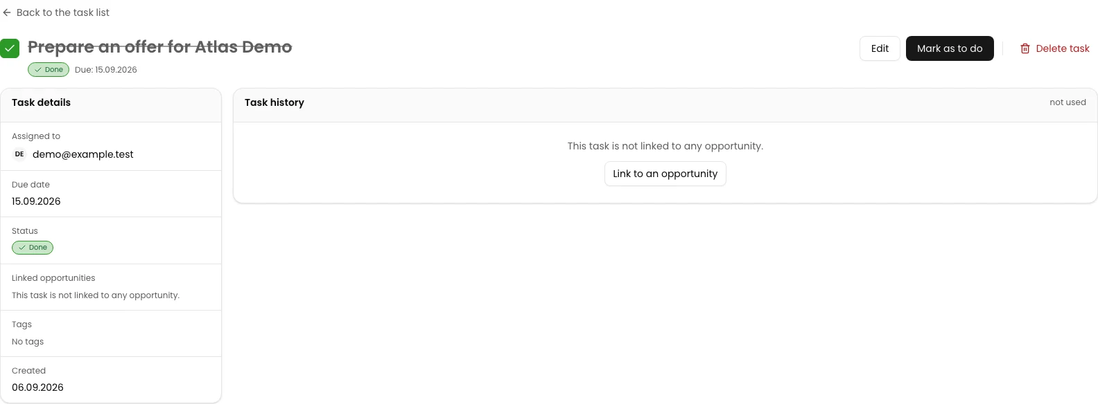 Mark the task as done: Prepare an offer for Atlas Demo