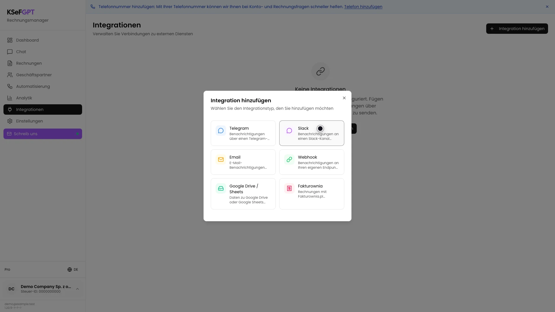 Dialog Integration hinzufügen mit sichtbarer Slack-Karte