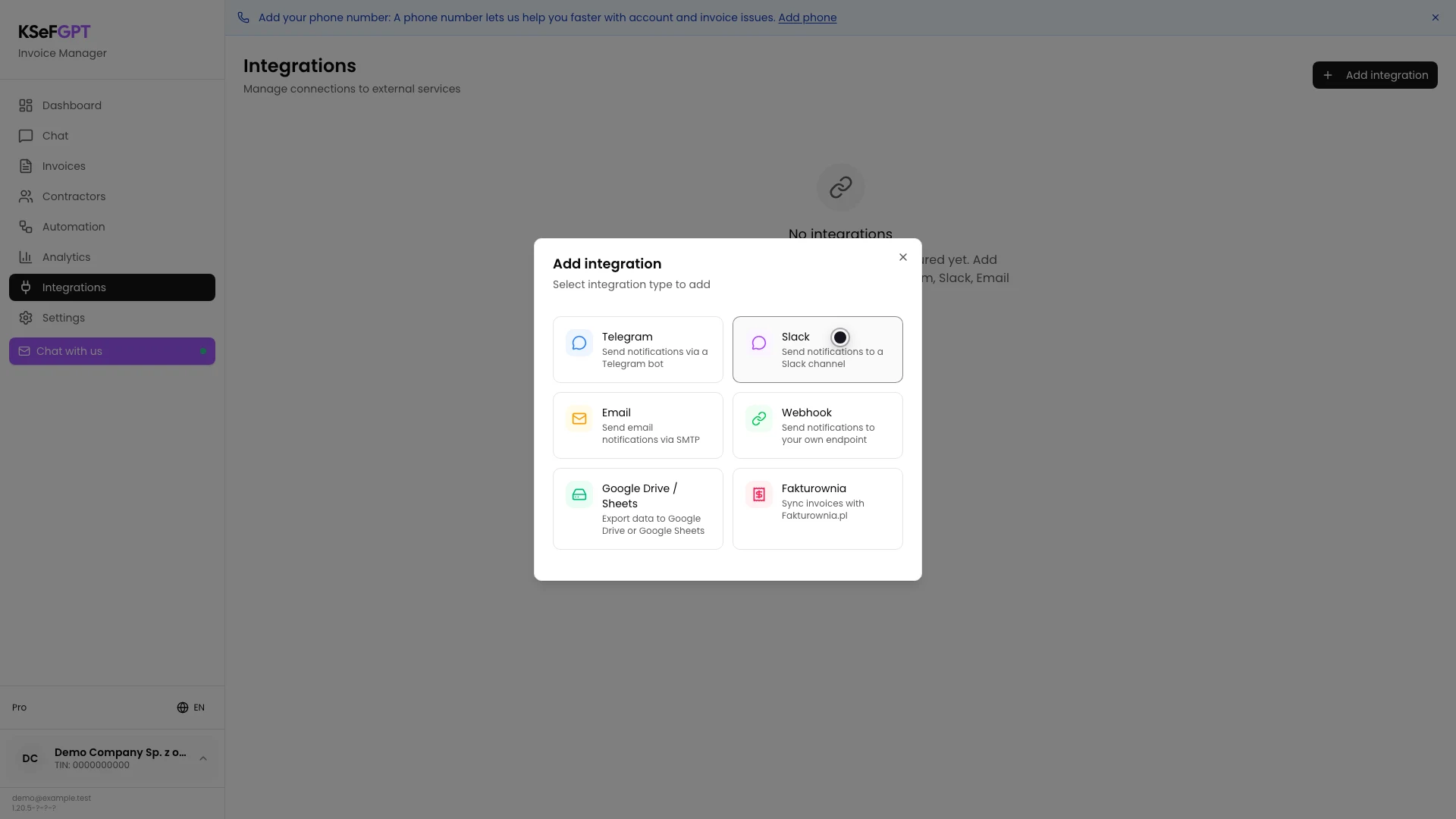 Add integration dialog with the Slack card visible
