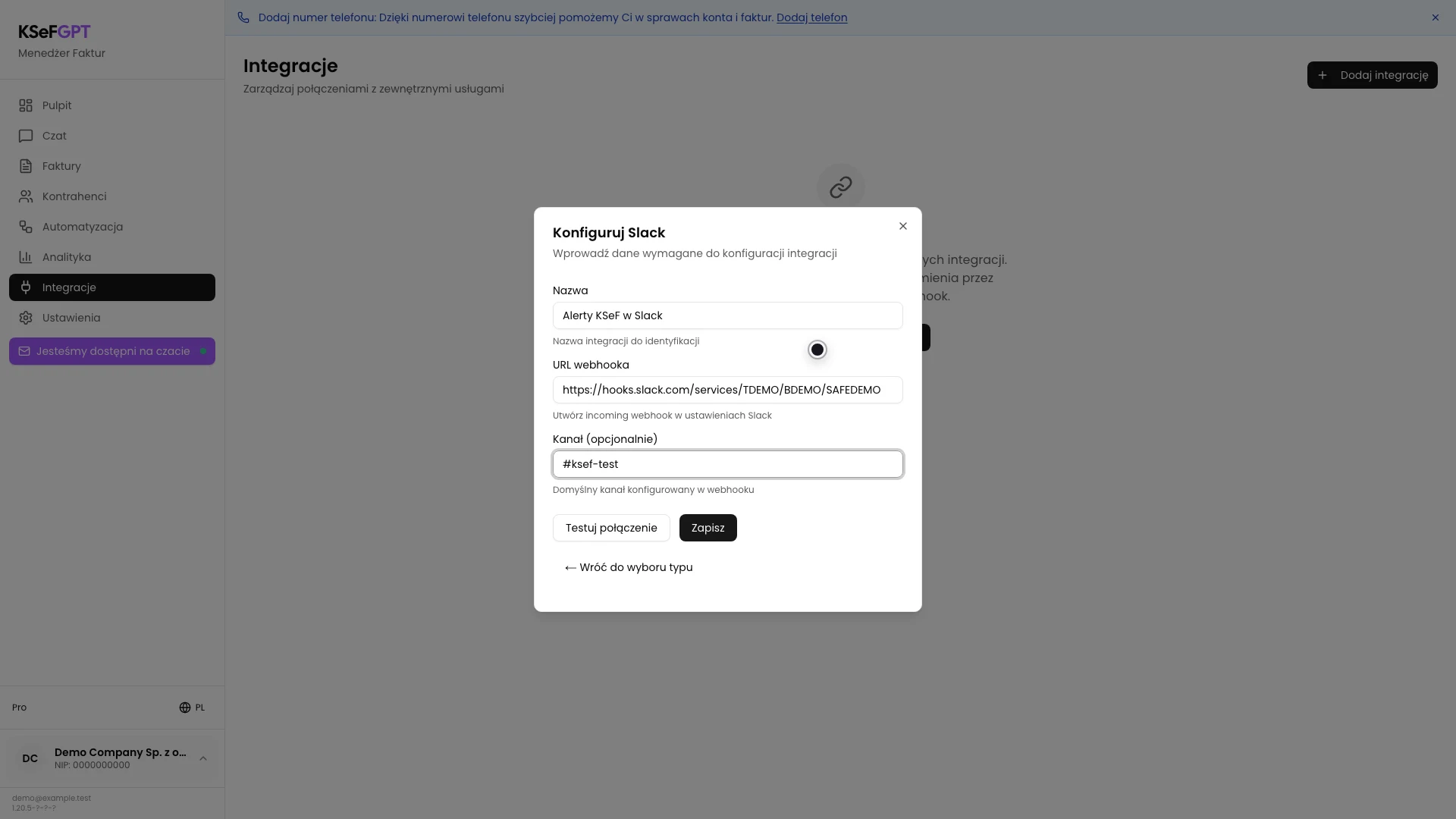 Formularz Konfiguruj Slack z nazwą, demonstracyjnym URL webhooka i kanałem testowym