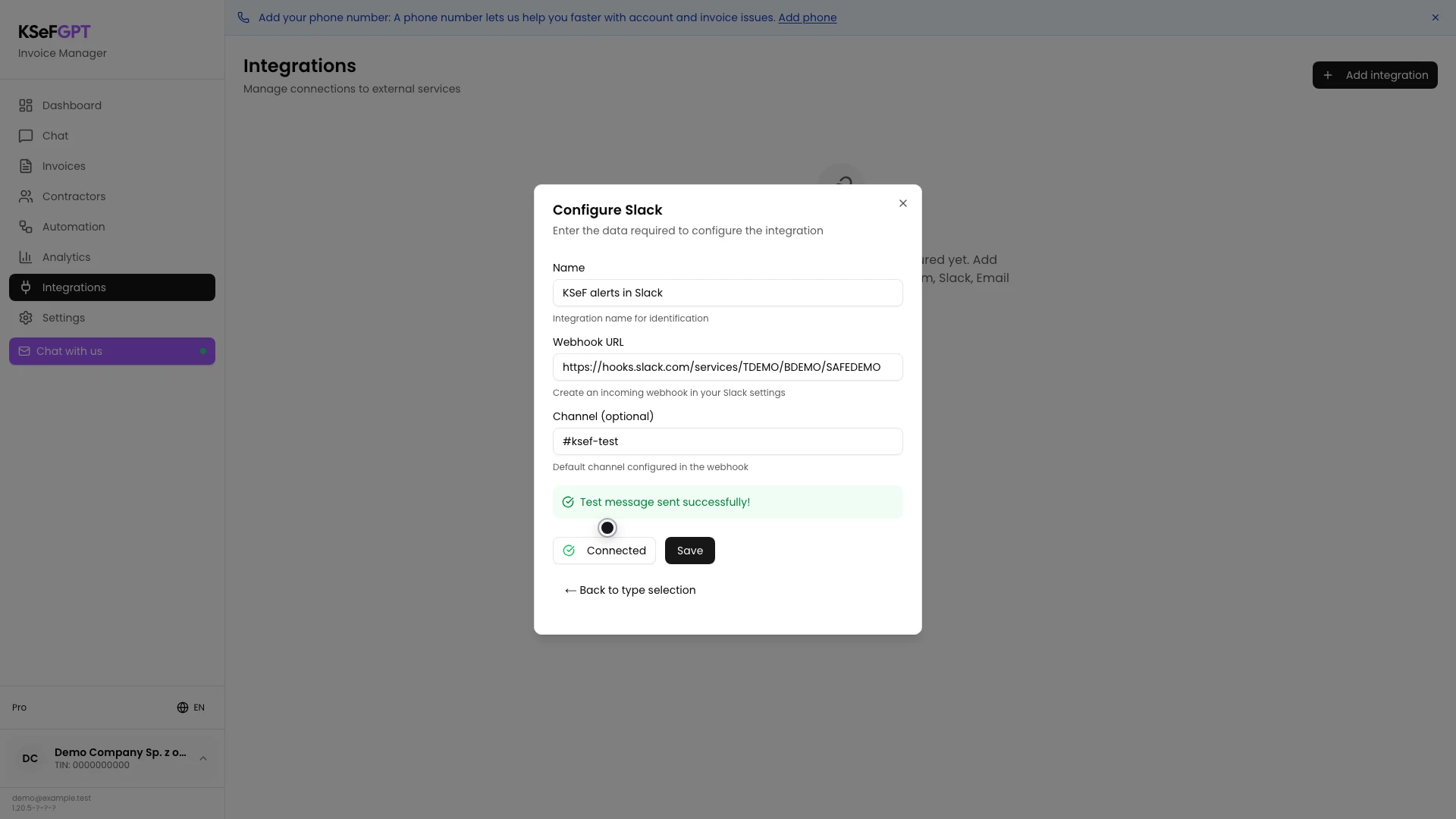 Slack form confirming that the test message was sent successfully