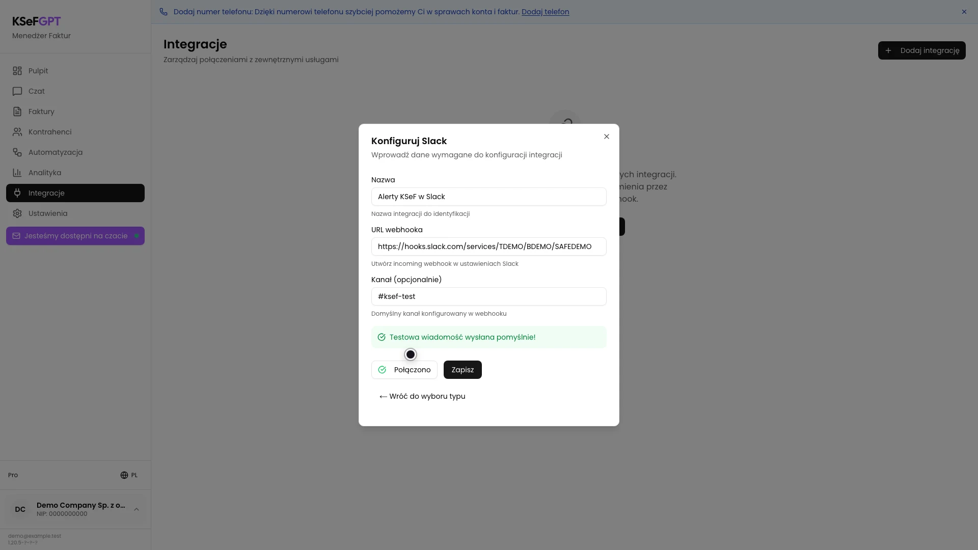 Formularz Slack z potwierdzeniem pomyślnego wysłania wiadomości testowej